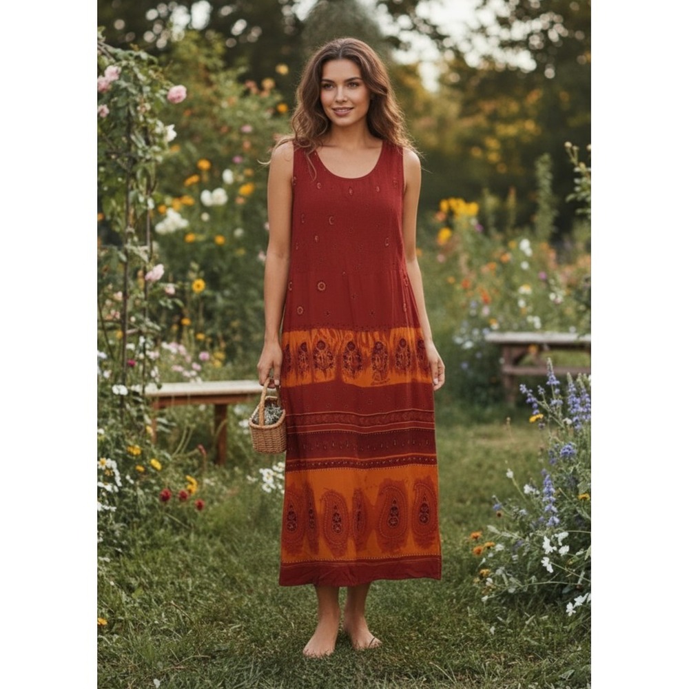 90s Womens Maxi Dress Flowy Shift Cottage Boho Grunge Tribal Festival Folk Sz 16